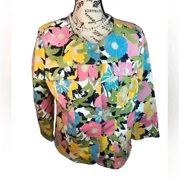Ruby Rd Women’s 12 Multicolor Floral Jacket Button Front 3/4 Sleeves - Picture 1 of 5